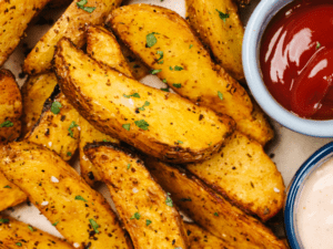 Seasoned potato wedges with a side of ketchup and dipping sauce.
