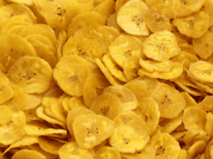 Close-up of crispy golden plantain chips.