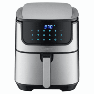 A silver GoWISE USA Air Fryer featuring a digital touchscreen interface with a display temperature of 370°F and preset cooking options, ideal for making quick and healthy meals.