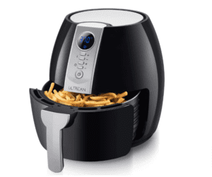 A black Ultrean 4.2 Quart Air Fryer with a digital display showing a temperature of 370°F and a basket of golden fries, showcasing its ease of use for cooking healthy, crispy snacks.