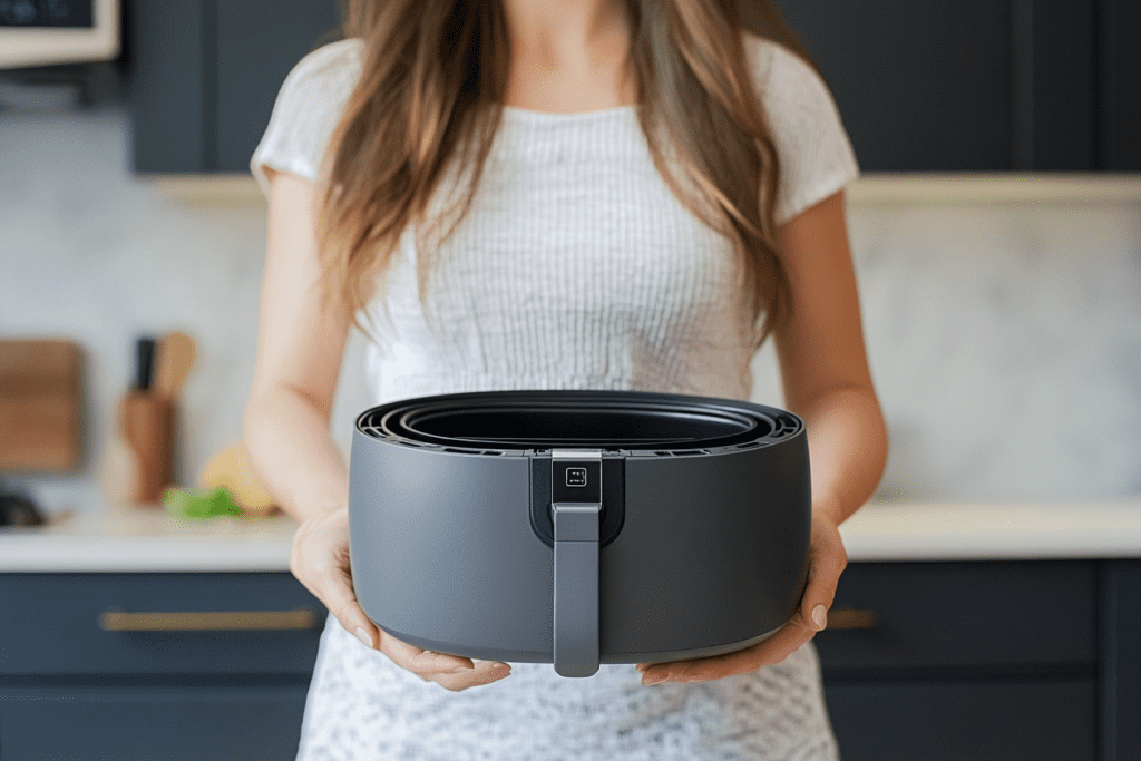 Woman holding air fryer basket