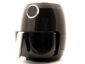 A sleek black air fryer against a white background.
