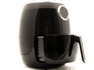 Black air fryer with a sleek design on a white background