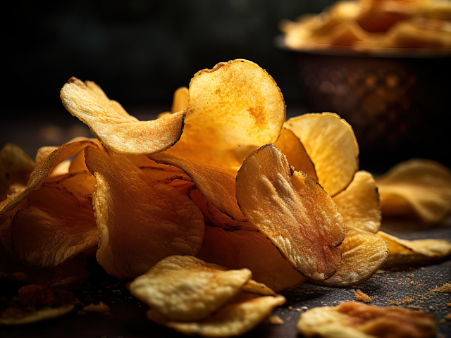 A pile of golden potato chips with dramatic lighting