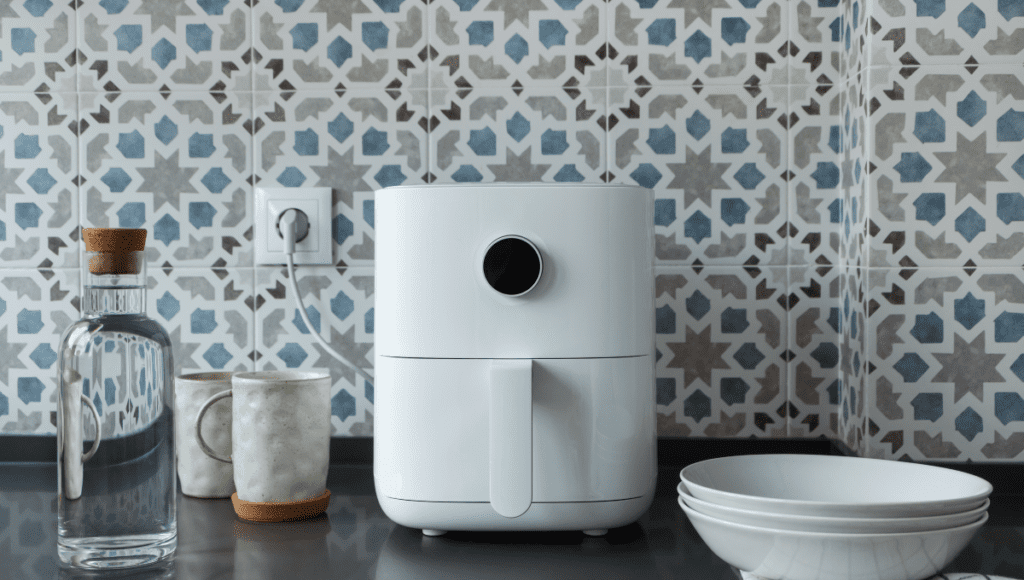 White air fryer on a modern kitchen counter with geometric tile backsplash.