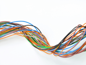 A twisted bundle of colorful wires.