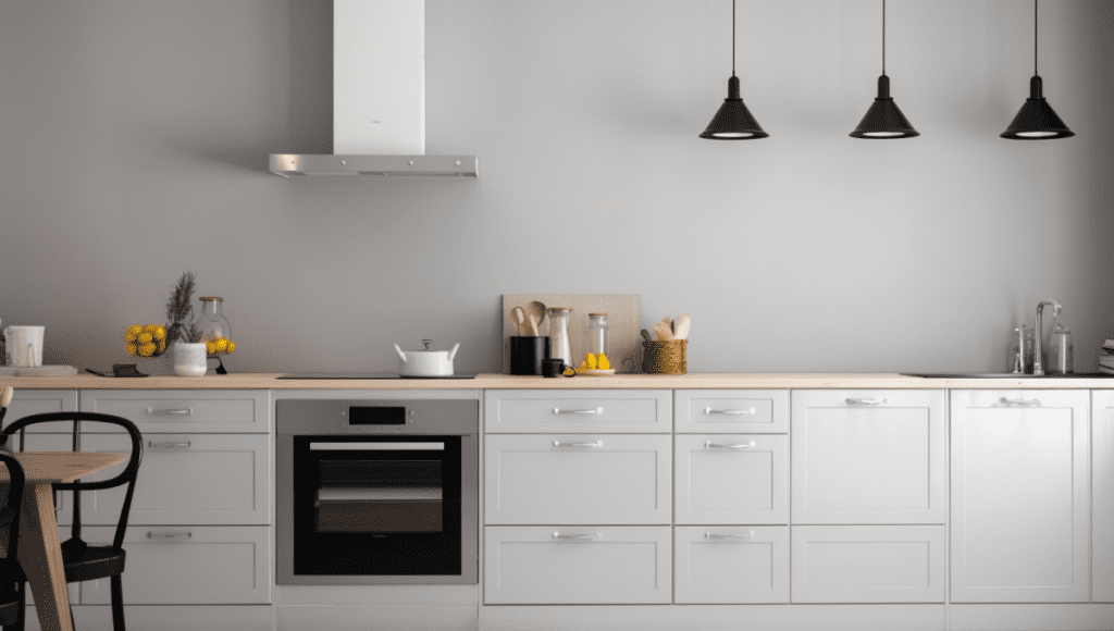 A minimalistic white kitchen featuring clean lines, a stovetop, and cabinets with organized kitchenware on the countertop.
