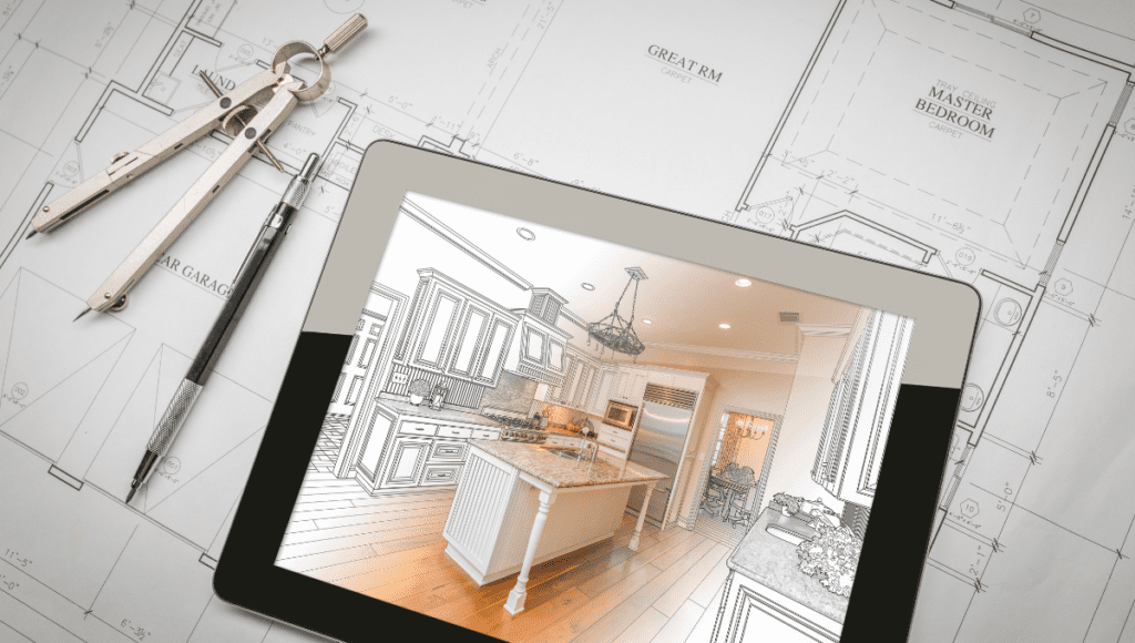 A tablet showing kitchen renovation plans alongside architectural blueprints.