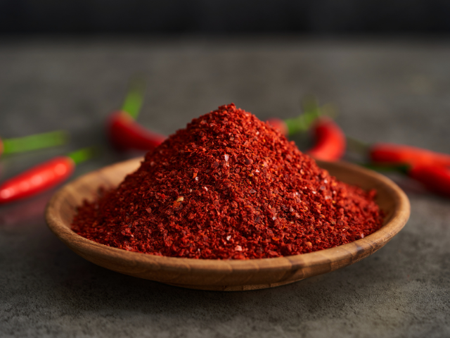 A close-up of ground red chili powder sitting on a wooden plate, with red chilies in the background.