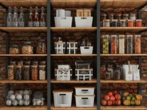 A brick-wall pantry with shelves filled with organized containers, jars, and baskets, holding a variety of food items and supplies.
