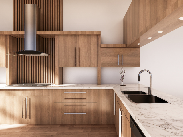 A modern kitchen with wooden cabinetry and marble countertops.